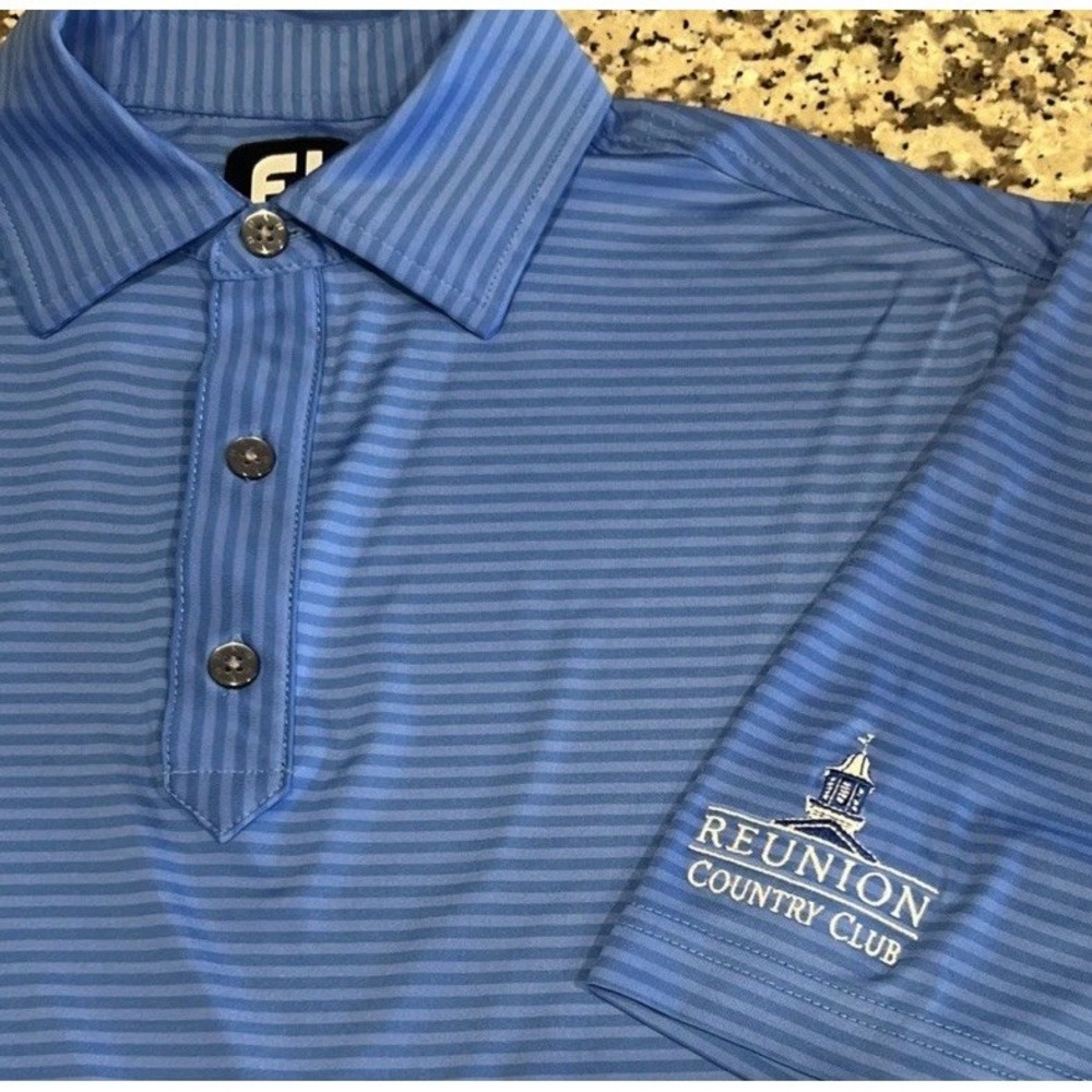 Footjoy Men Short Sleeve Polo Shirt Blue Stripes Reunion Country Club Logo S